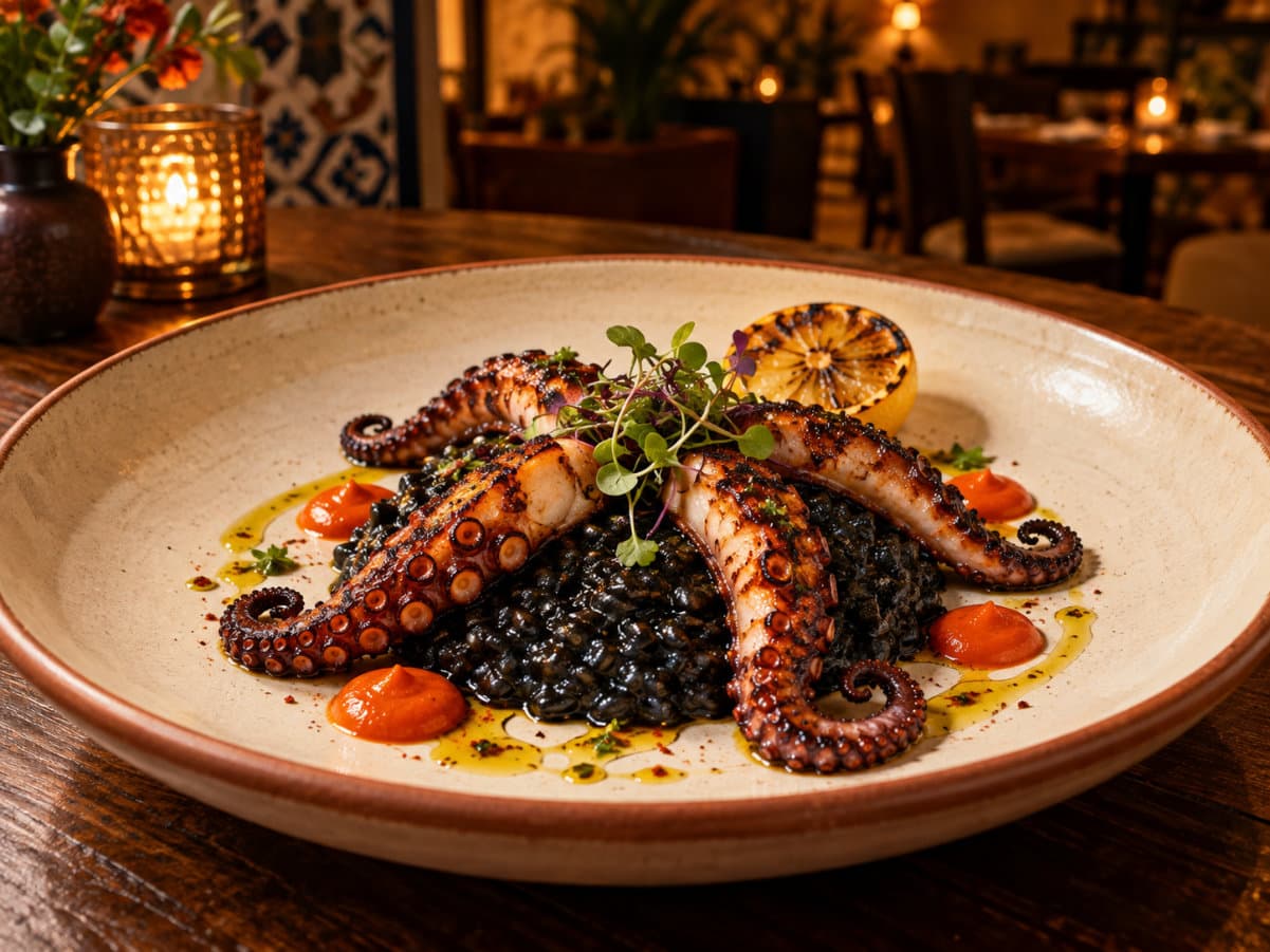 Black Ink Octopus Risotto presentation
