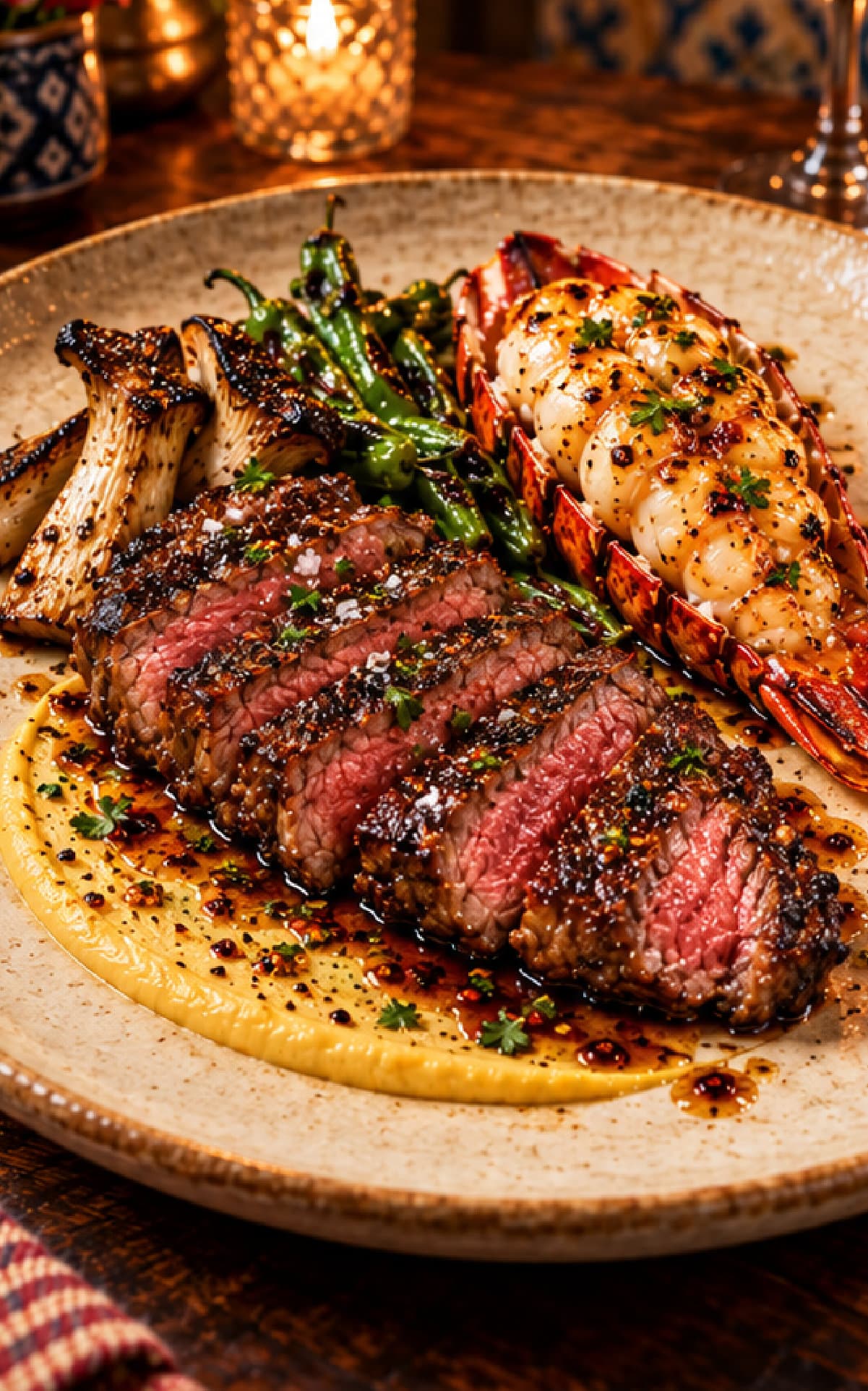 Dry-Aged Wagyu Ribeye & Lobster presentation