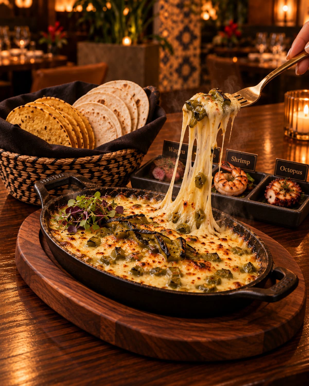 Queso Fundido con Chile Verde presentation